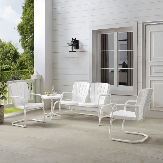 Ridgeland 4Pc Outdoor Metal Conversation Set White Gloss - Loveseat Glider, Side Table, & 2 Armchairs