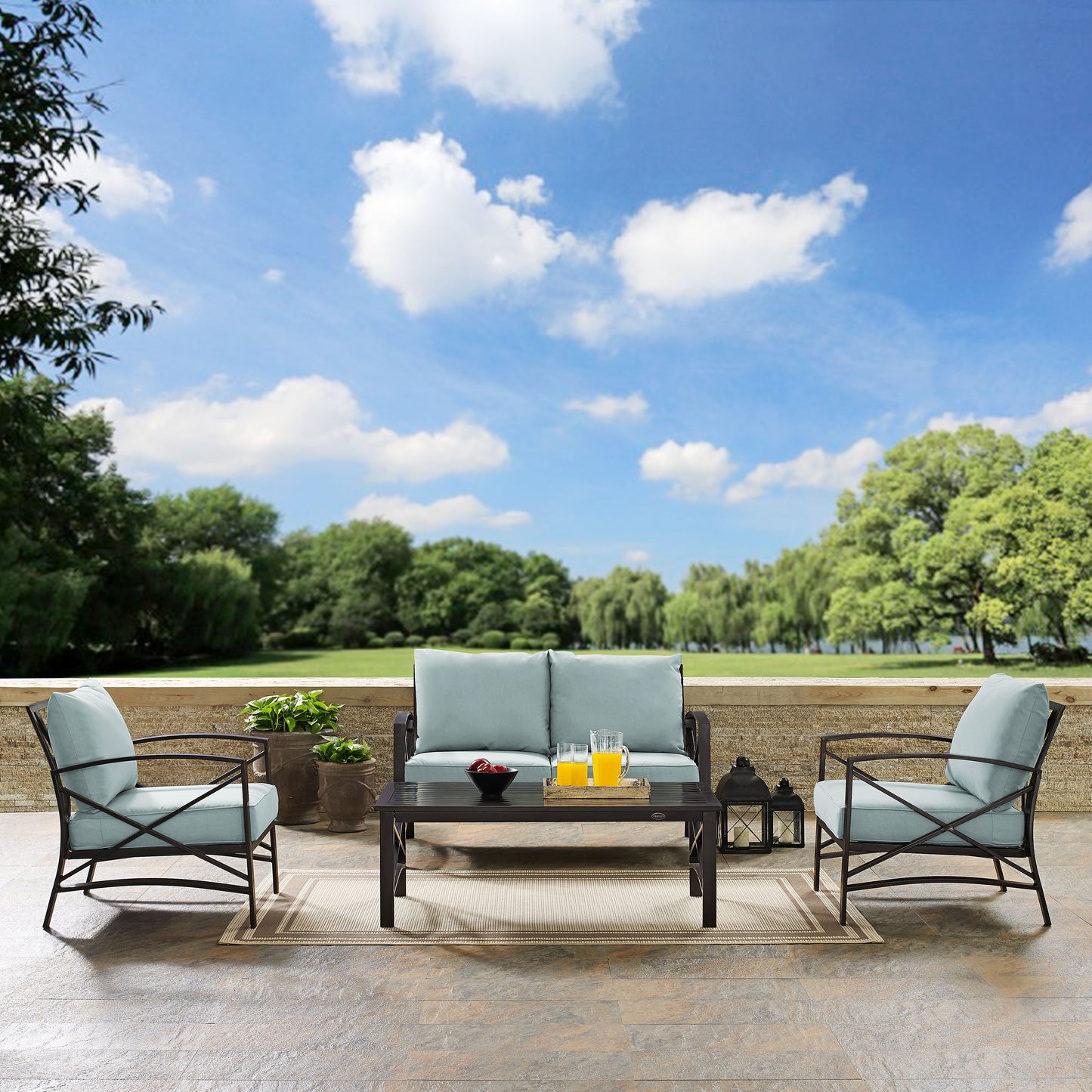 Kaplan 4Pc Outdoor Metal Conversation Set Mist/Oil Rubbed Bronze - Loveseat, Coffee Table, & Two Chairs