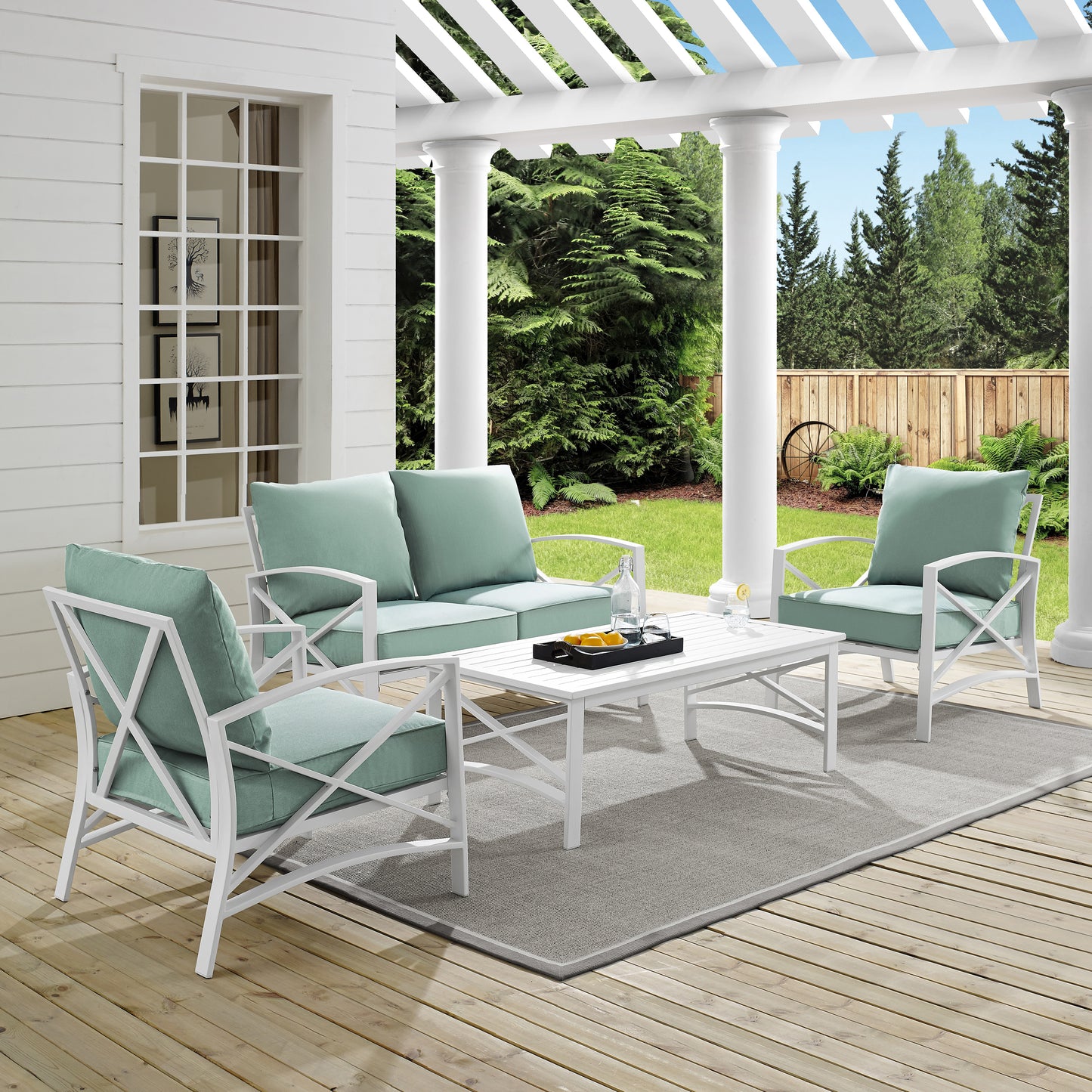 Kaplan 4Pc Outdoor Metal Conversation Set Mist/White - Loveseat, Coffee Table, &Two Chairs