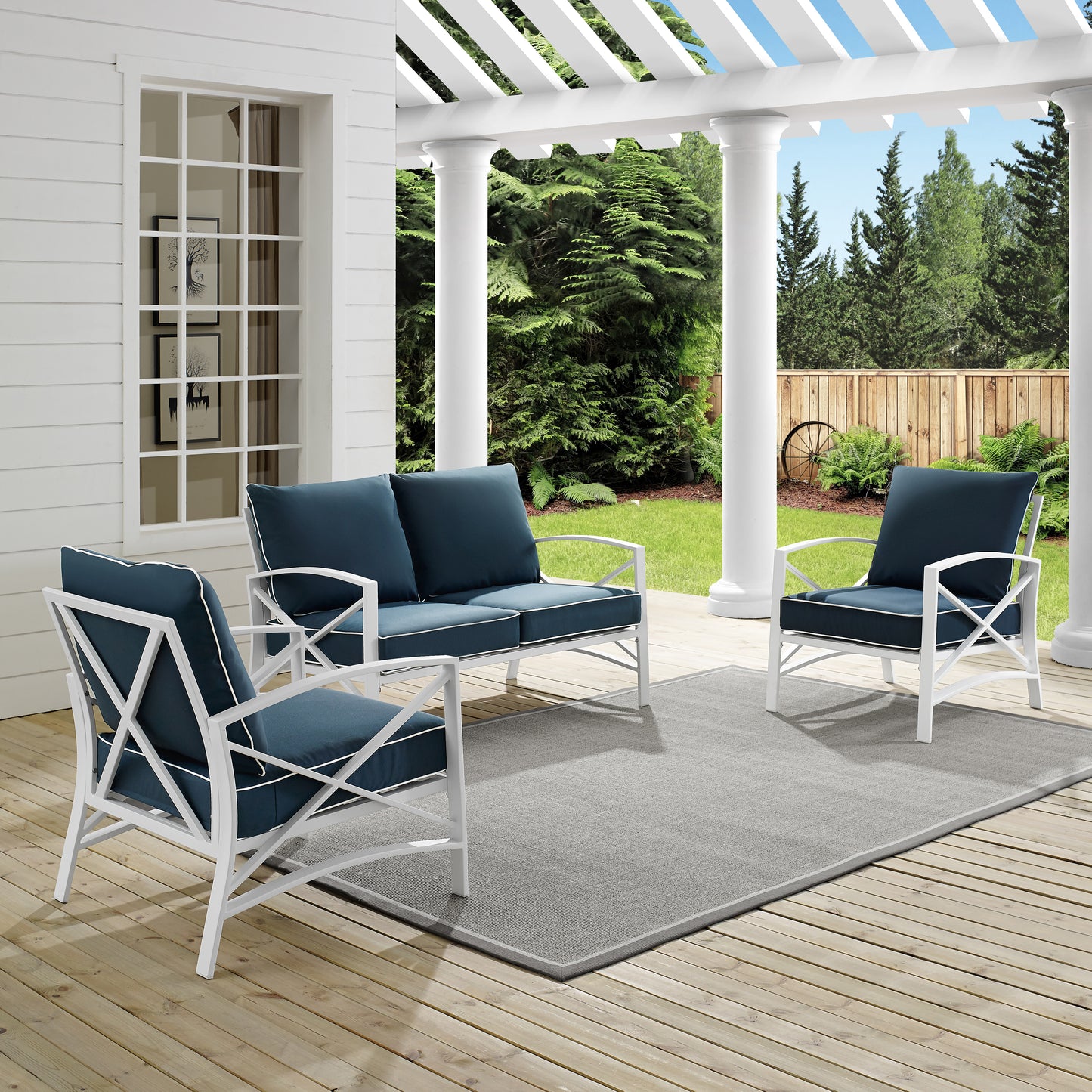 Kaplan 3Pc Outdoor Metal Conversation Set Navy/White - Loveseat & 2 Chairs