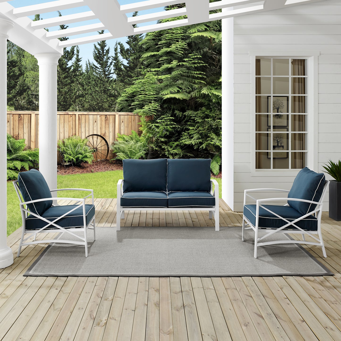 Kaplan 3Pc Outdoor Metal Conversation Set Navy/White - Loveseat & 2 Chairs