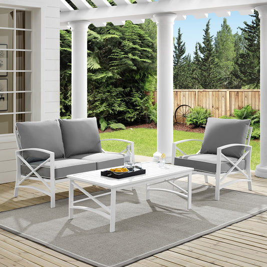 Kaplan 3Pc Outdoor Metal Conversation Set Gray/White - Loveseat, Chair , & Coffee Table