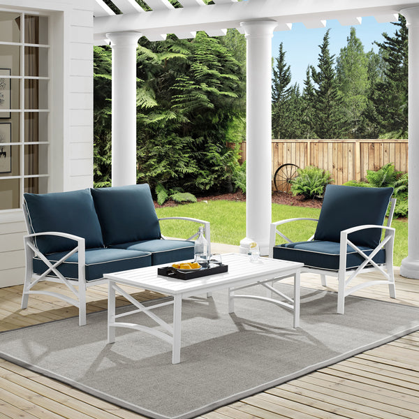 Kaplan 3Pc Outdoor Metal Conversation Set Navy/White - Loveseat, Chair , & Coffee Table