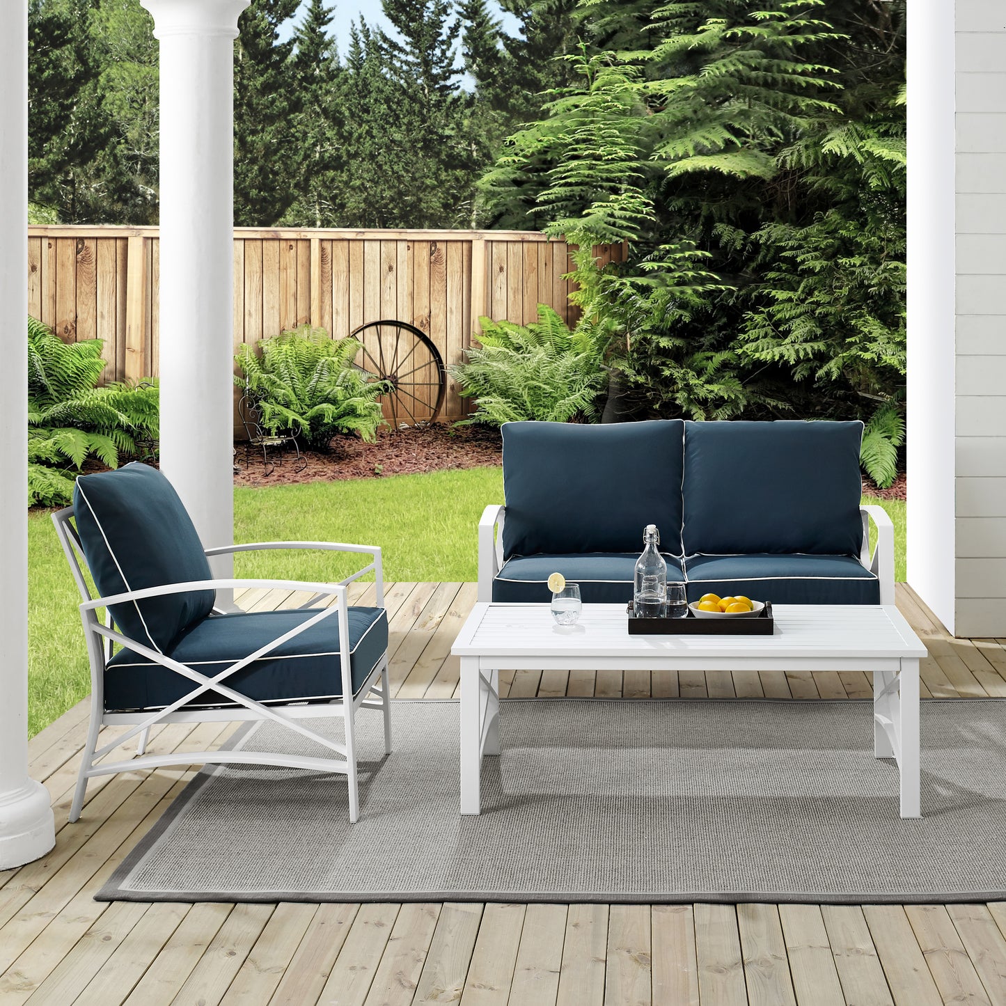 Kaplan 3Pc Outdoor Metal Conversation Set Navy/White - Loveseat, Chair , & Coffee Table