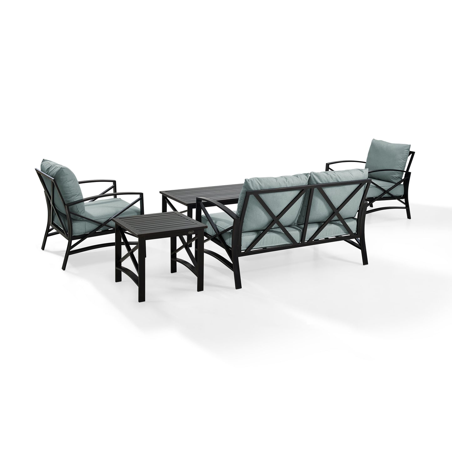 Kaplan 5Pc Outdoor Metal Conversation Set Mist/Oil Rubbed Bronze - Loveseat, Coffee Table, Side Table, & 2 Armchairs