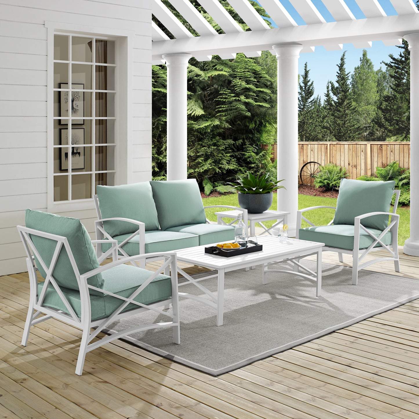 Kaplan 5Pc Outdoor Metal Conversation Set Mist/White - Loveseat, Coffee Table, Side Table, & 2 Armchairs