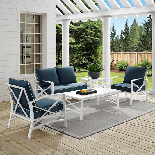 Kaplan 5Pc Outdoor Metal Conversation Set Navy/White - Loveseat, Coffee Table, Side Table, & 2 Armchairs