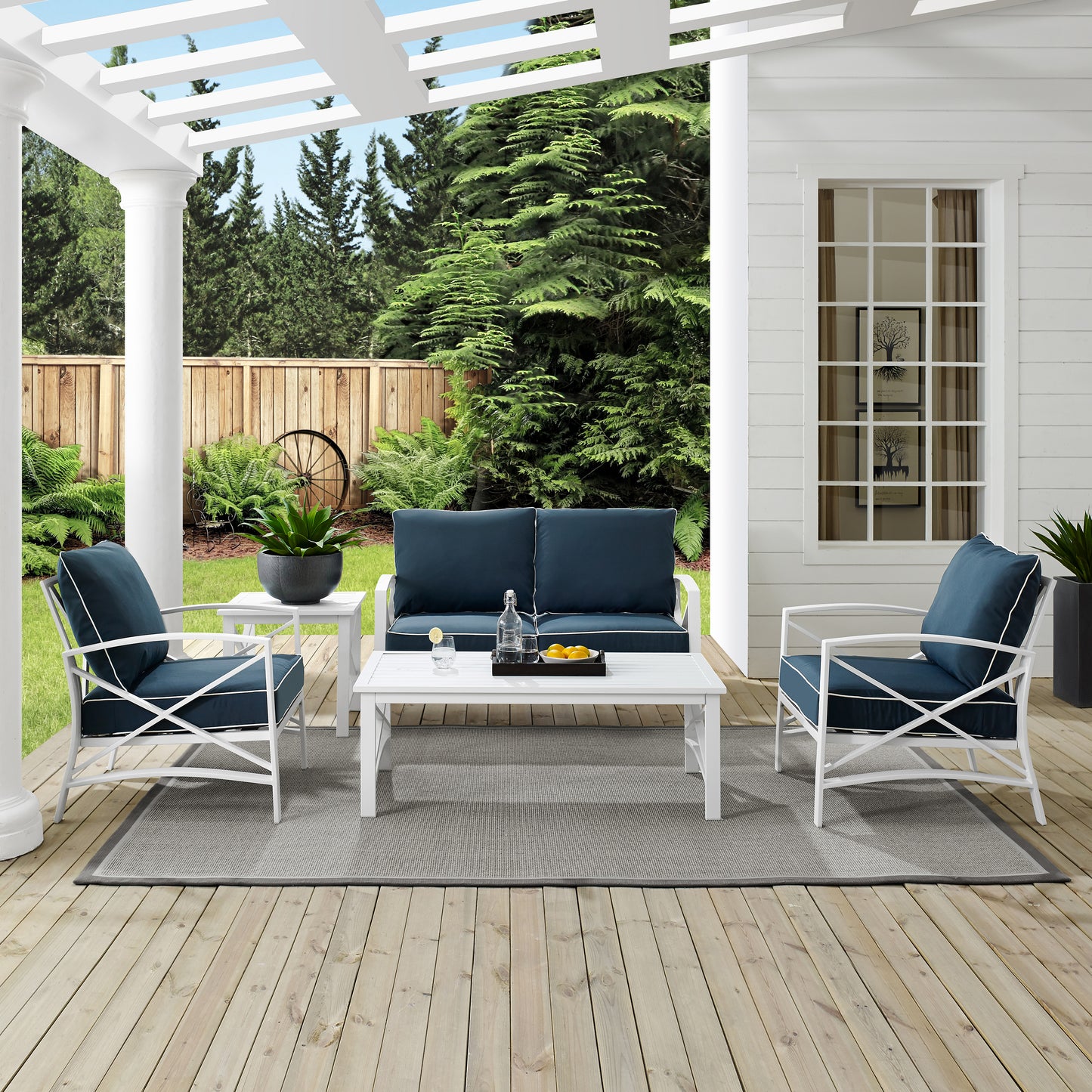 Kaplan 5Pc Outdoor Metal Conversation Set Navy/White - Loveseat, Coffee Table, Side Table, & 2 Armchairs