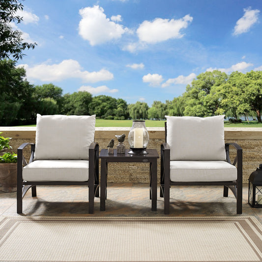 Kaplan 3Pc Outdoor Metal Armchair Set Oatmeal/Oil Rubbed Bronze - Side Table & 2 Chairs