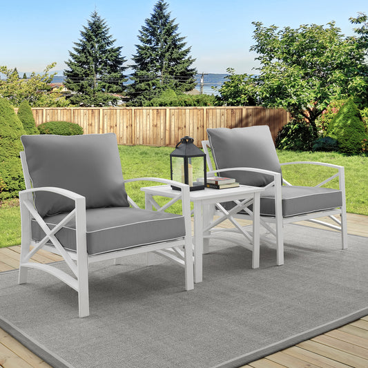 Kaplan 3Pc Outdoor Metal Armchair Set Gray/White - Side Table & 2 Chairs