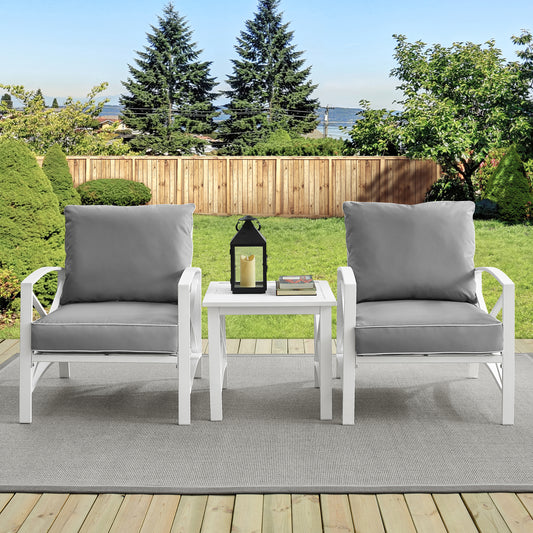 Kaplan 3Pc Outdoor Metal Armchair Set Gray/White - Side Table & 2 Chairs