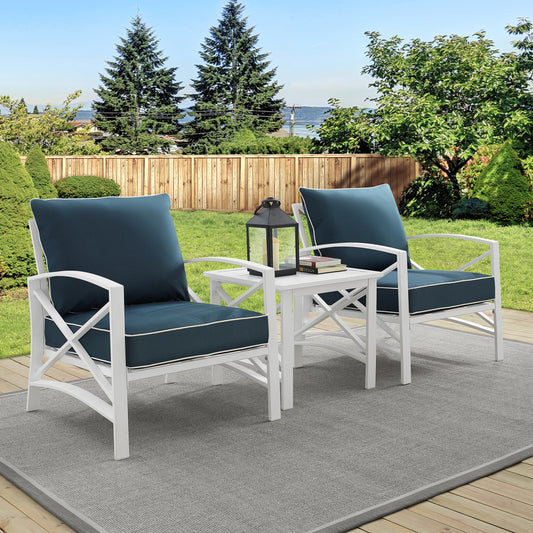 Kaplan 3Pc Outdoor Metal Armchair Set Navy/White - Side Table & 2 Chairs