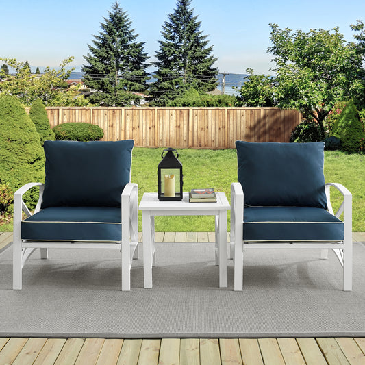 Kaplan 3Pc Outdoor Metal Armchair Set Navy/White - Side Table & 2 Chairs