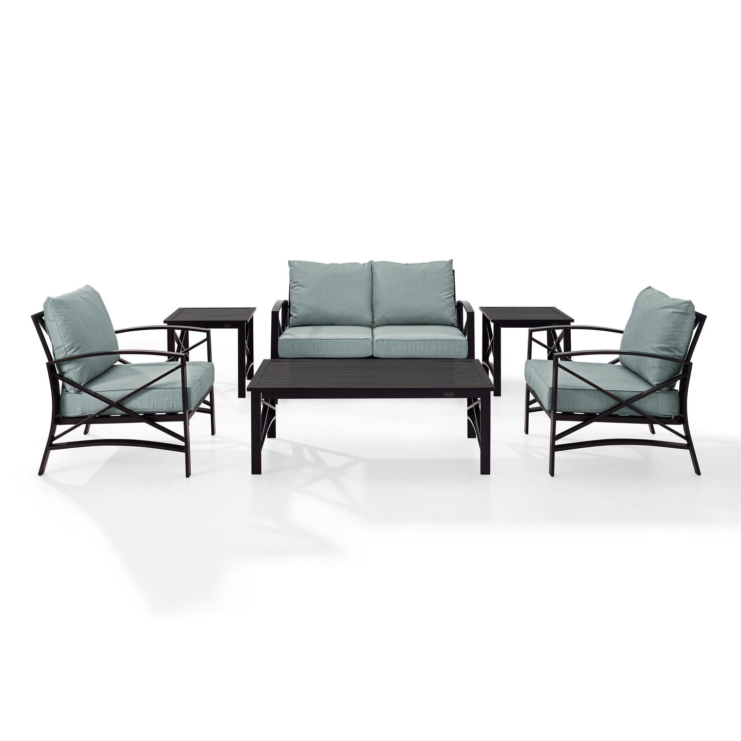 Kaplan 6Pc Outdoor Metal Conversation Set Mist/Oil Rubbed Bronze - Loveseat, Coffee Table, 2 Armchairs, & 2 Side Tables