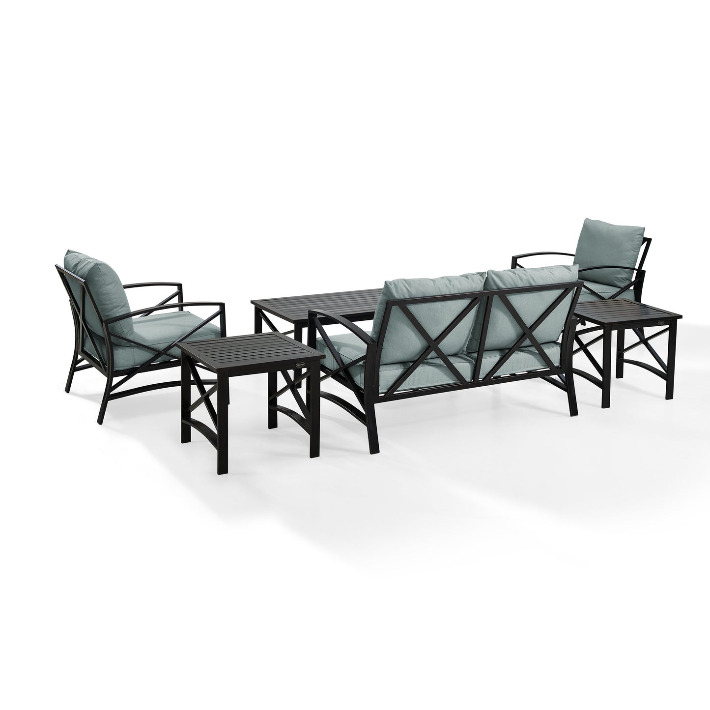 Kaplan 6Pc Outdoor Metal Conversation Set Mist/Oil Rubbed Bronze - Loveseat, Coffee Table, 2 Armchairs, & 2 Side Tables