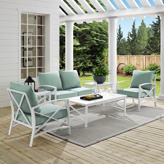 Kaplan 6Pc Outdoor Metal Conversation Set Mist/White - Loveseat, Coffee Table, 2 Armchairs, & 2 Side Tables