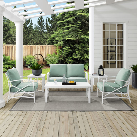 Kaplan 6Pc Outdoor Metal Conversation Set Mist/White - Loveseat, Coffee Table, 2 Armchairs, & 2 Side Tables