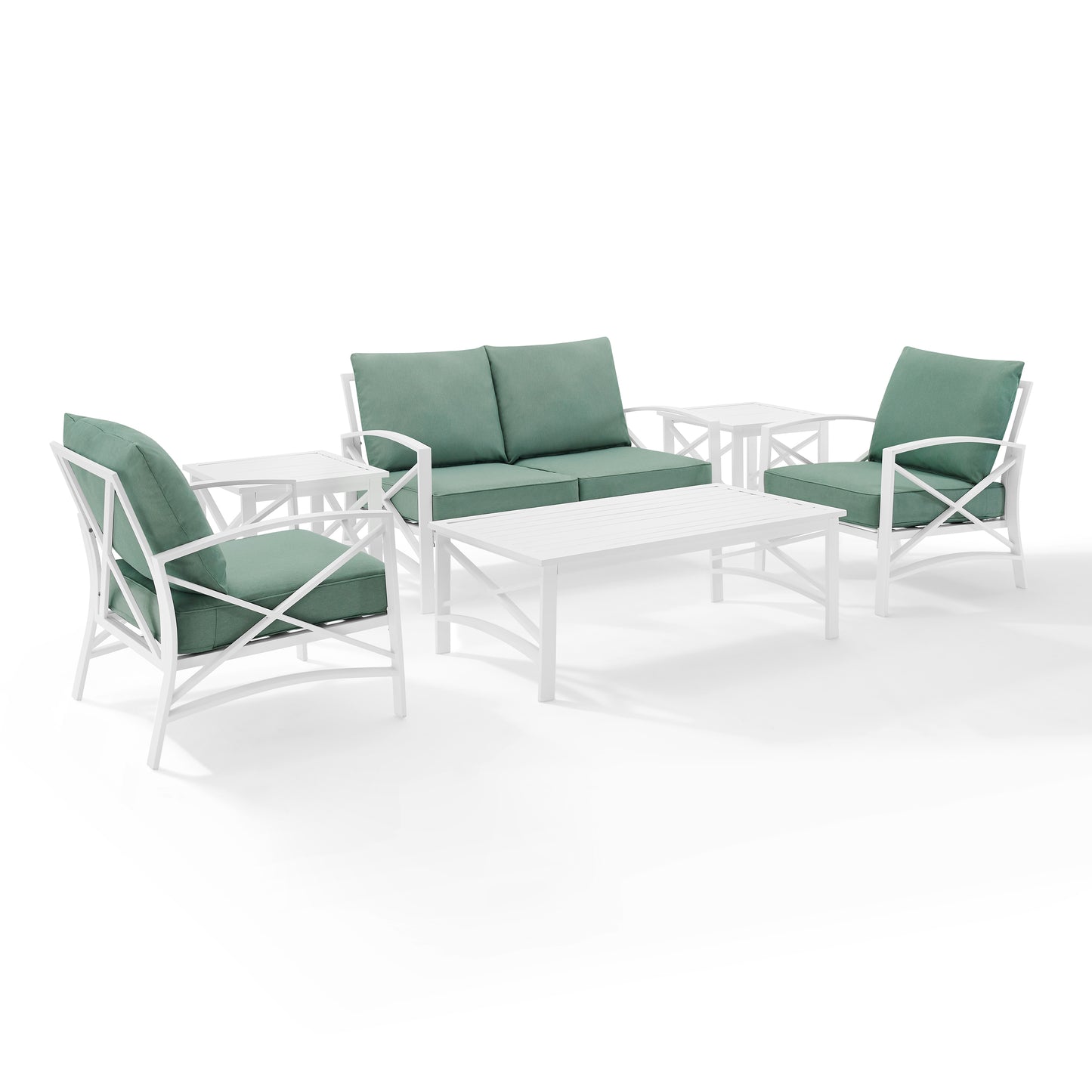 Kaplan 6Pc Outdoor Metal Conversation Set Mist/White - Loveseat, Coffee Table, 2 Armchairs, & 2 Side Tables