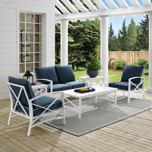 Kaplan 6Pc Outdoor Metal Conversation Set Navy/White - Loveseat, Coffee Table, 2 Armchairs, & 2 Side Tables