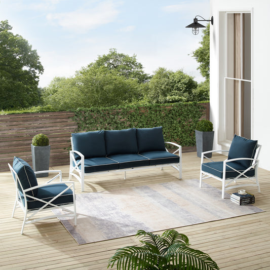 Kaplan 3Pc Outdoor Metal Sofa Set Navy/White - Sofa & 2 Arm Chairs