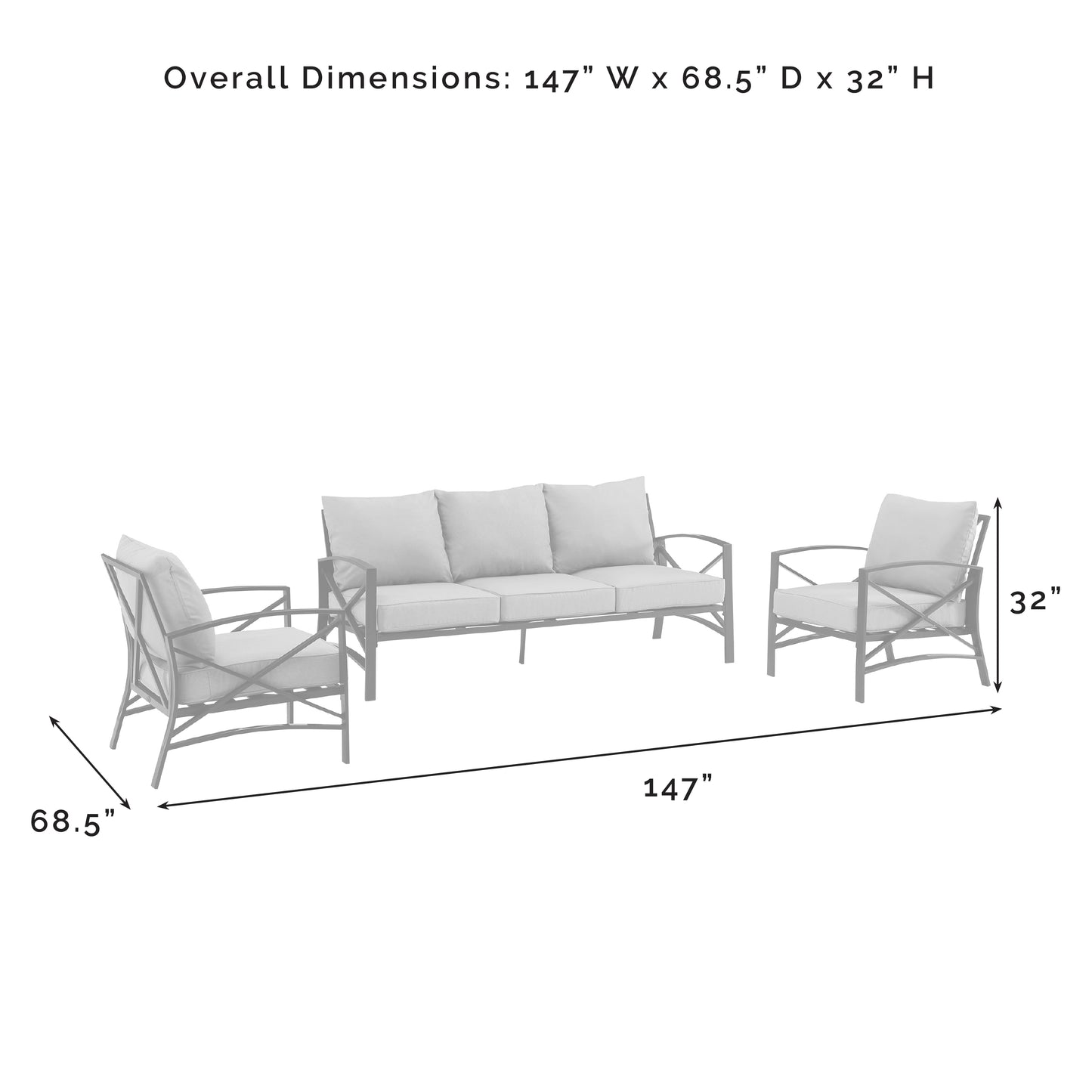 Kaplan 3Pc Outdoor Metal Sofa Set Navy/White - Sofa & 2 Arm Chairs