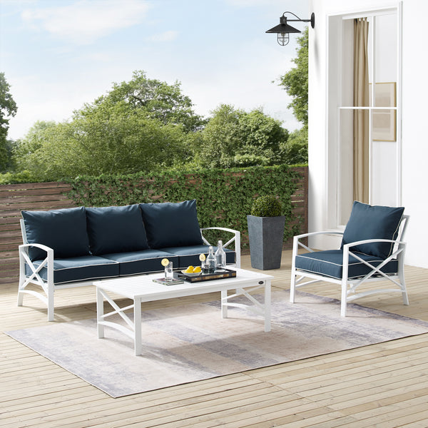 Kaplan 3Pc Outdoor Metal Sofa Set Navy/White - Sofa, Arm Chair & Coffee Table