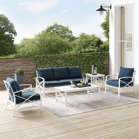 Kaplan 5Pc Outdoor Metal Sofa Set Navy/White - Sofa, Coffee Table, Side Table, & 2 Chairs