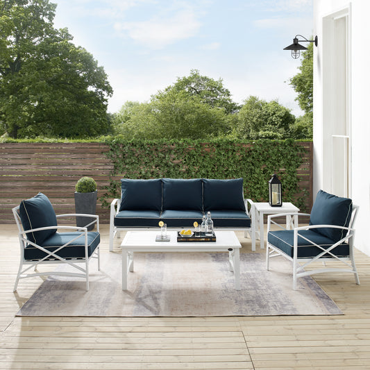 Kaplan 5Pc Outdoor Metal Sofa Set Navy/White - Sofa, Coffee Table, Side Table, & 2 Chairs