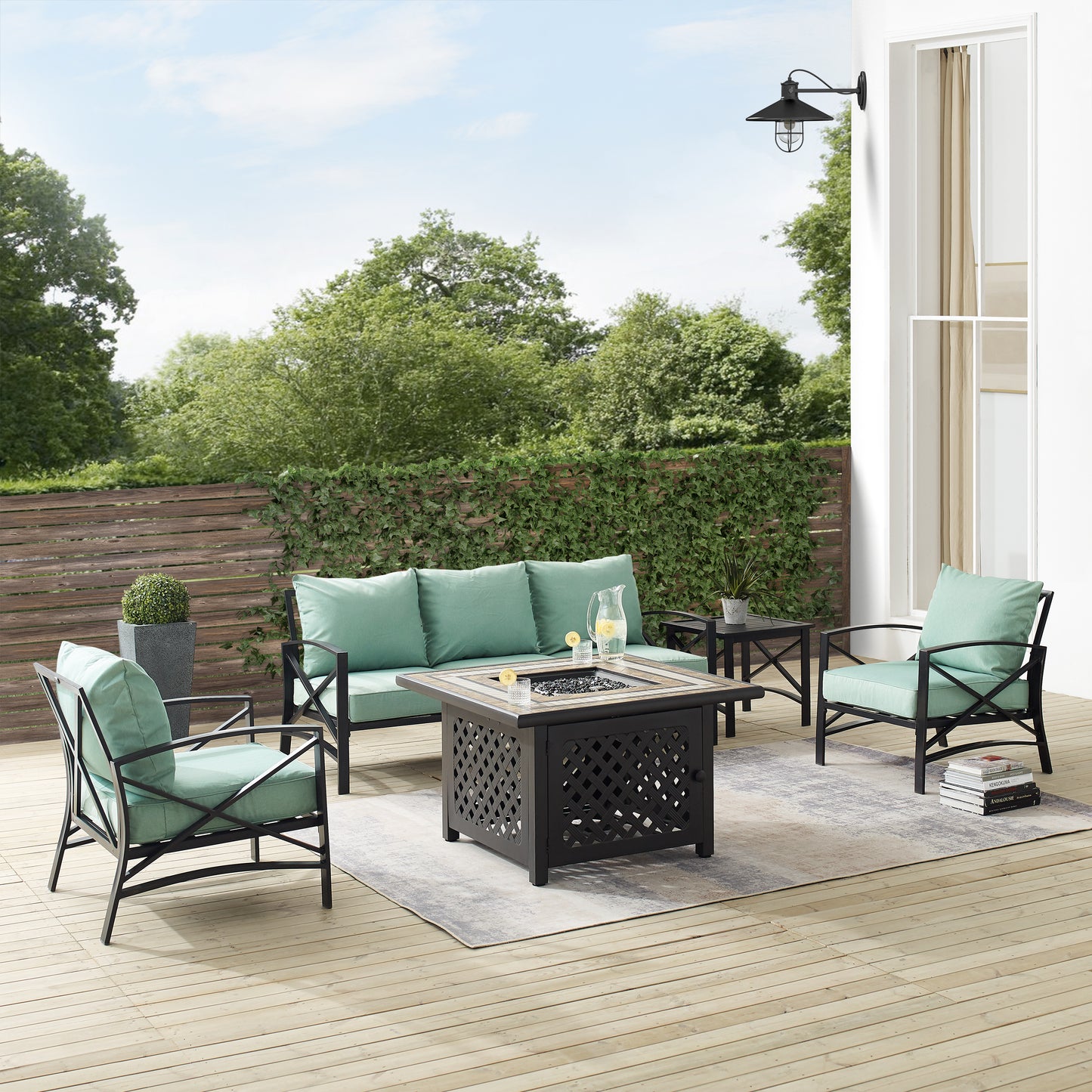 Kaplan 5Pc Outdoor Metal Sofa Set W/Fire Table Mist/Oil Rubbed Bronze - Sofa, Side Table, Tucson Fire Table, & 2 Chairs