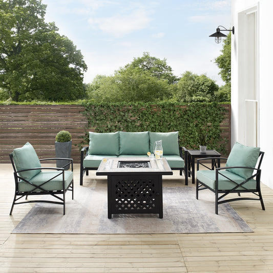 Kaplan 5Pc Outdoor Metal Sofa Set W/Fire Table Mist/Oil Rubbed Bronze - Sofa, Side Table, Tucson Fire Table, & 2 Chairs