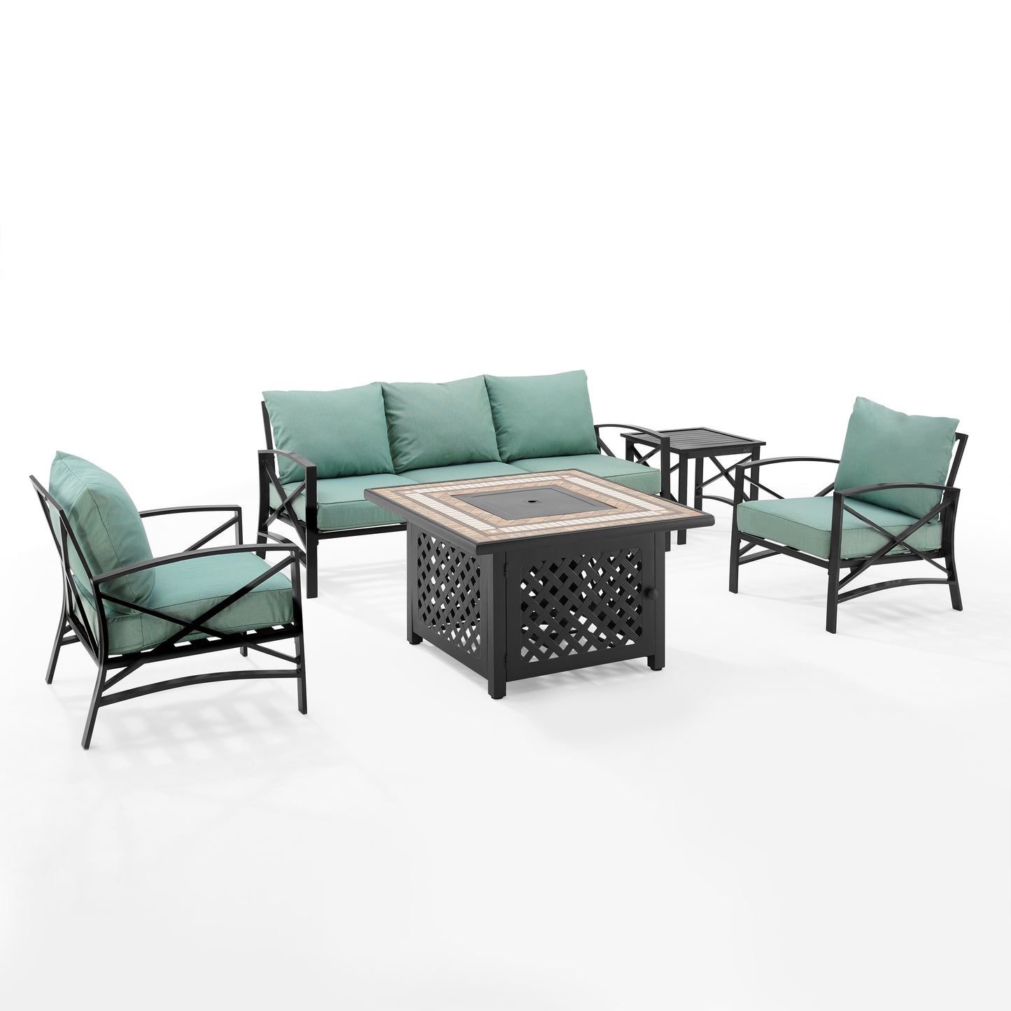 Kaplan 5Pc Outdoor Metal Sofa Set W/Fire Table Mist/Oil Rubbed Bronze - Sofa, Side Table, Tucson Fire Table, & 2 Chairs