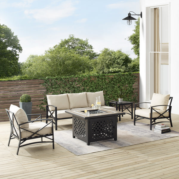 Kaplan 5Pc Outdoor Metal Sofa Set W/Fire Table Oatmeal/Oil Rubbed Bronze - Sofa, Side Table, Tucson Fire Table, & 2 Chairs