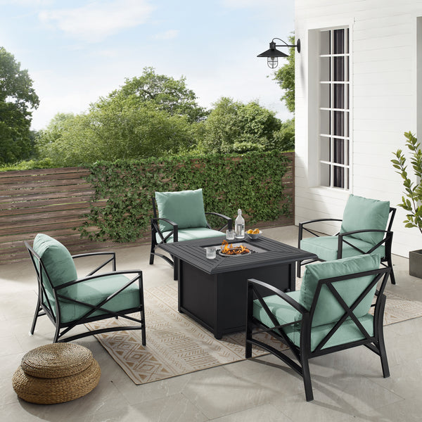 Kaplan 5Pc Outdoor Metal Conversation Set W/Fire Table Mist/Oil Rubbed Bronze - Dante Fire Table & 4 Arm Chairs