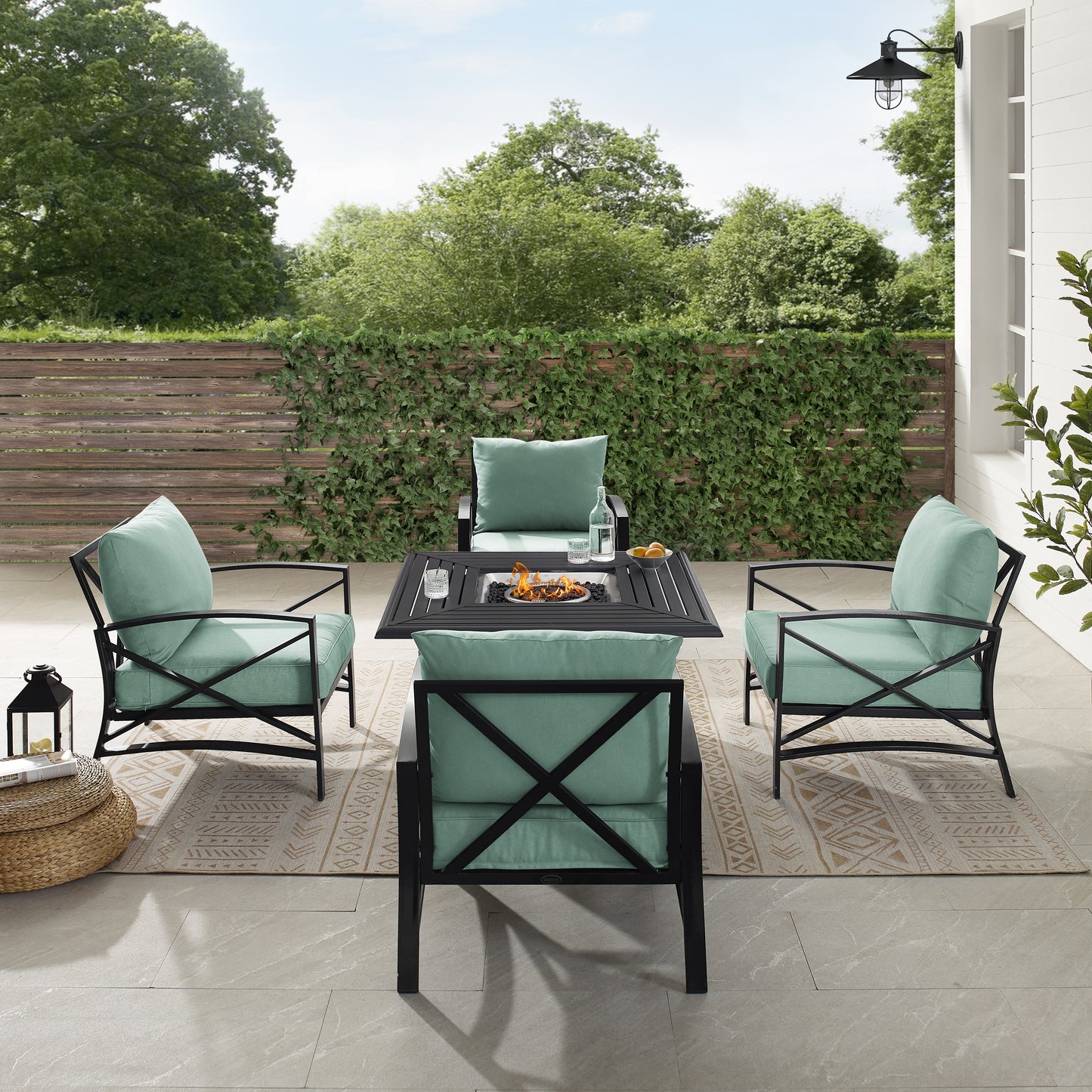 Kaplan 5Pc Outdoor Metal Conversation Set W/Fire Table Mist/Oil Rubbed Bronze - Dante Fire Table & 4 Arm Chairs