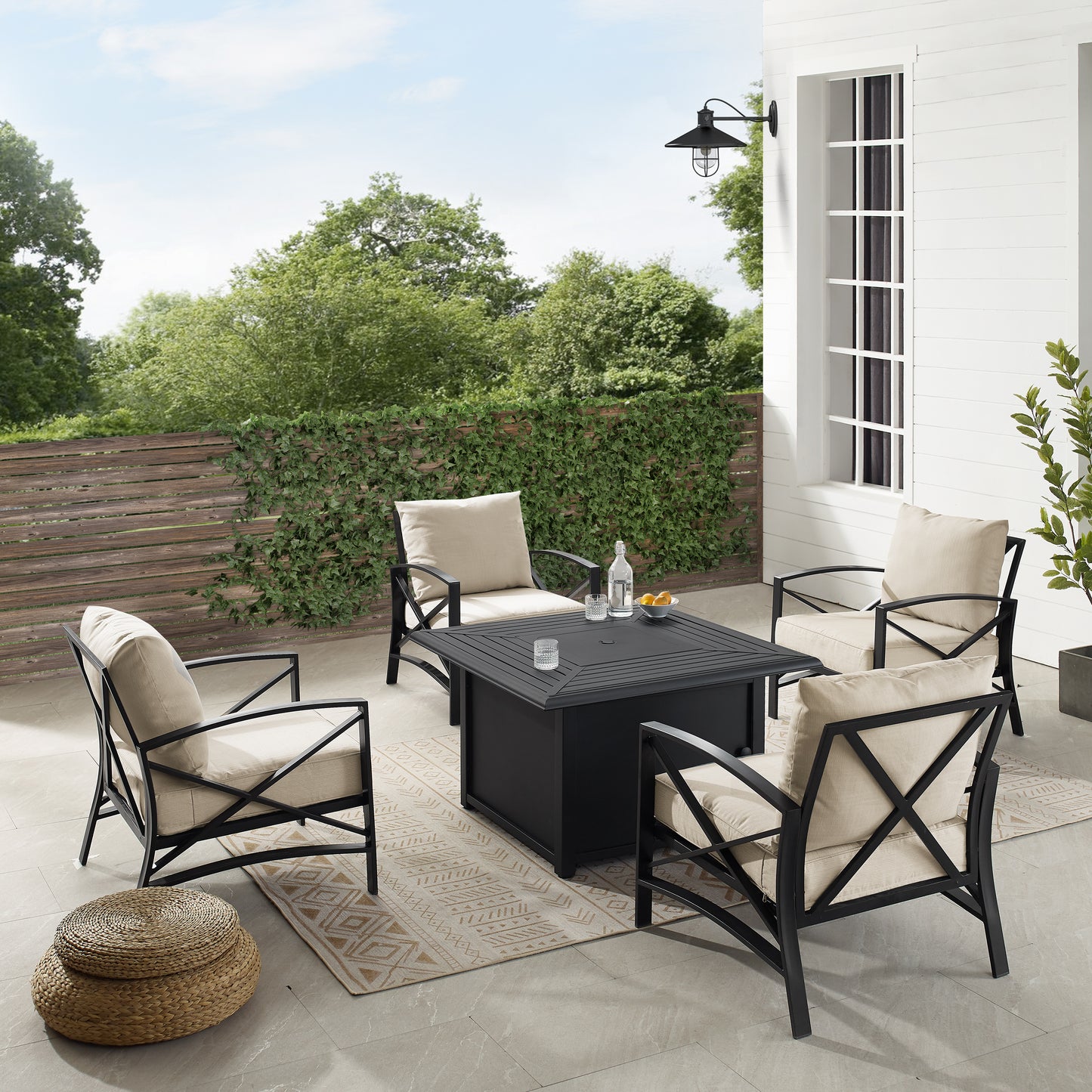 Kaplan 5Pc Outdoor Metal Conversation Set W/Fire Table Oatmeal/Oil Rubbed Bronze - Dante Fire Table & 4 Arm Chairs