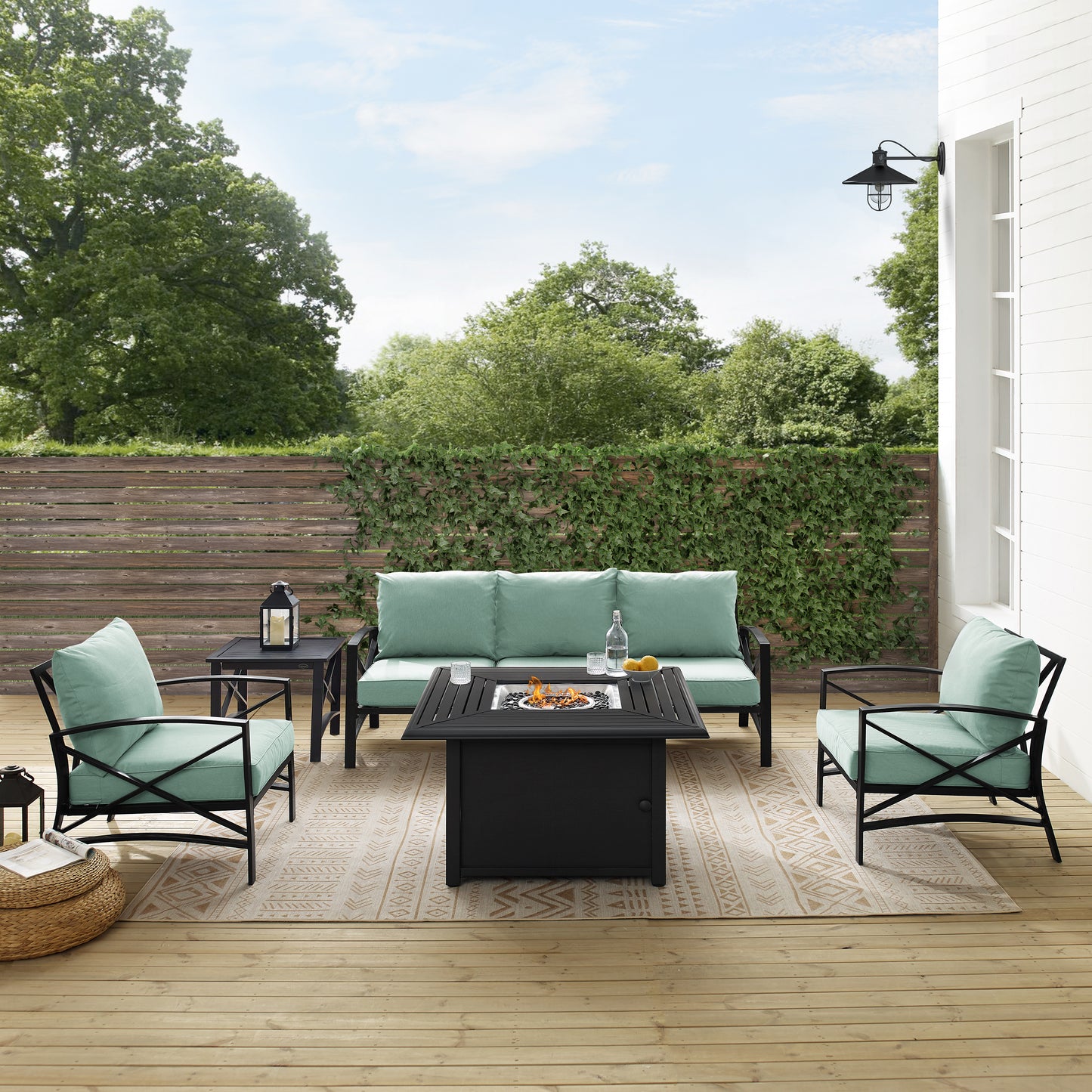 Kaplan 5Pc Outdoor Metal Sofa Set W/Fire Table Mist/Oil Rubbed Bronze - Sofa, Dante Fire Table, Side Table, & 2 Arm Chairs