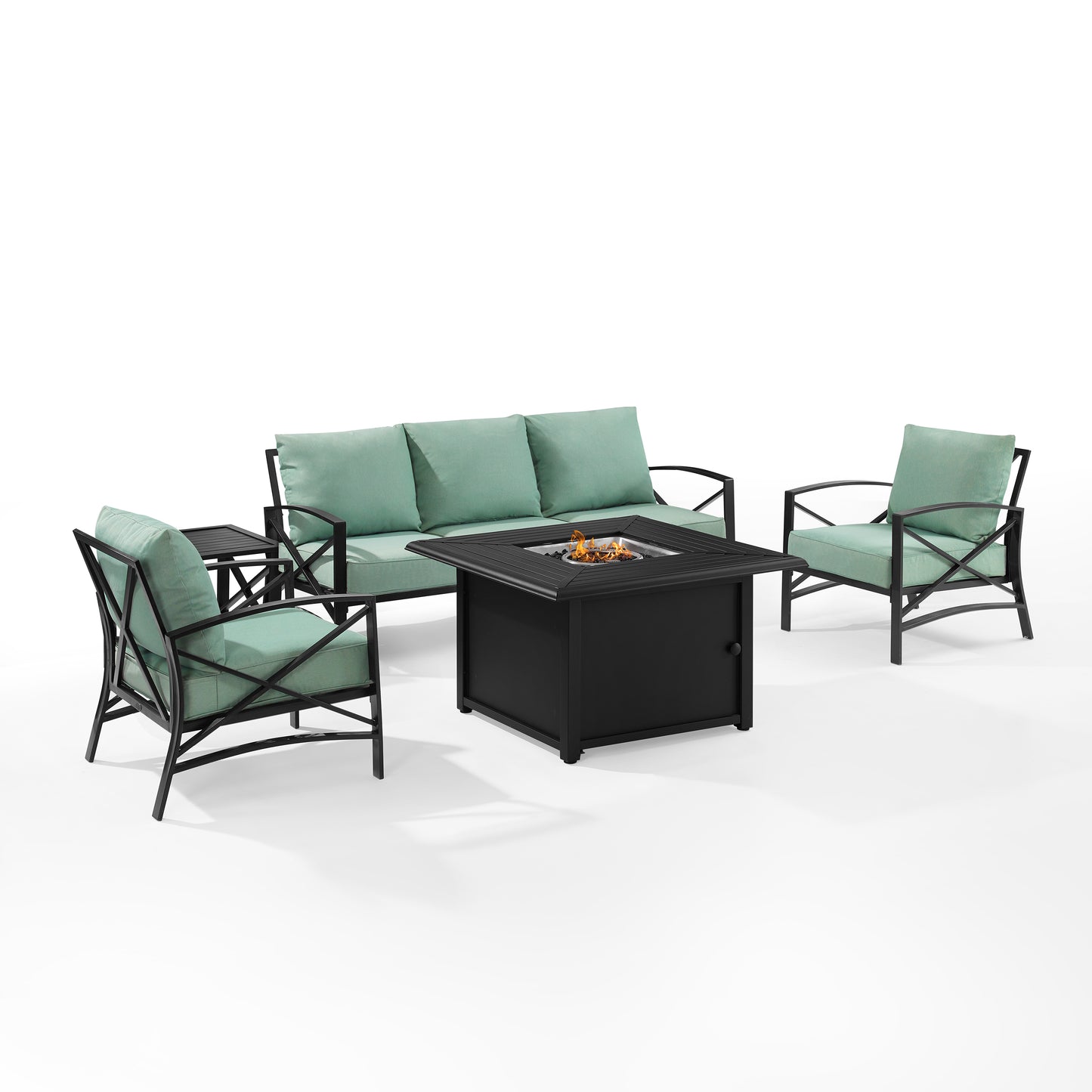 Kaplan 5Pc Outdoor Metal Sofa Set W/Fire Table Mist/Oil Rubbed Bronze - Sofa, Dante Fire Table, Side Table, & 2 Arm Chairs