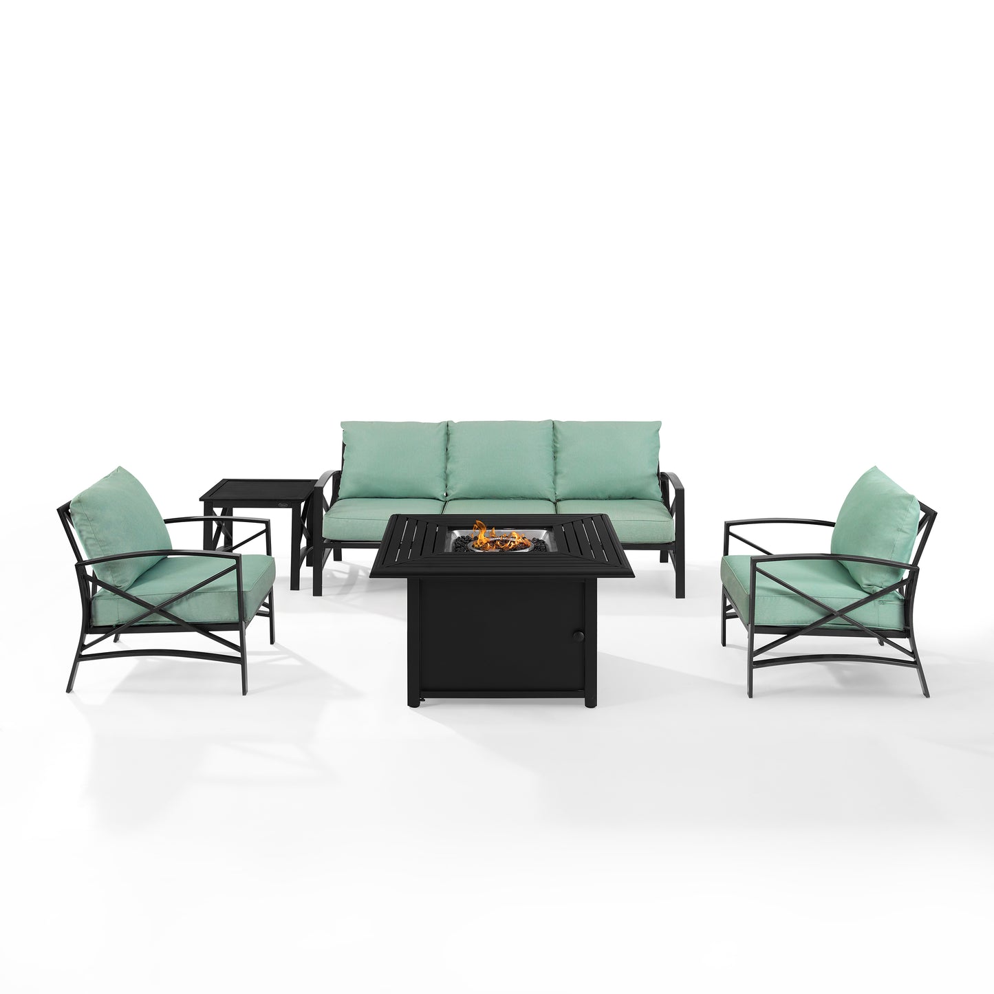 Kaplan 5Pc Outdoor Metal Sofa Set W/Fire Table Mist/Oil Rubbed Bronze - Sofa, Dante Fire Table, Side Table, & 2 Arm Chairs