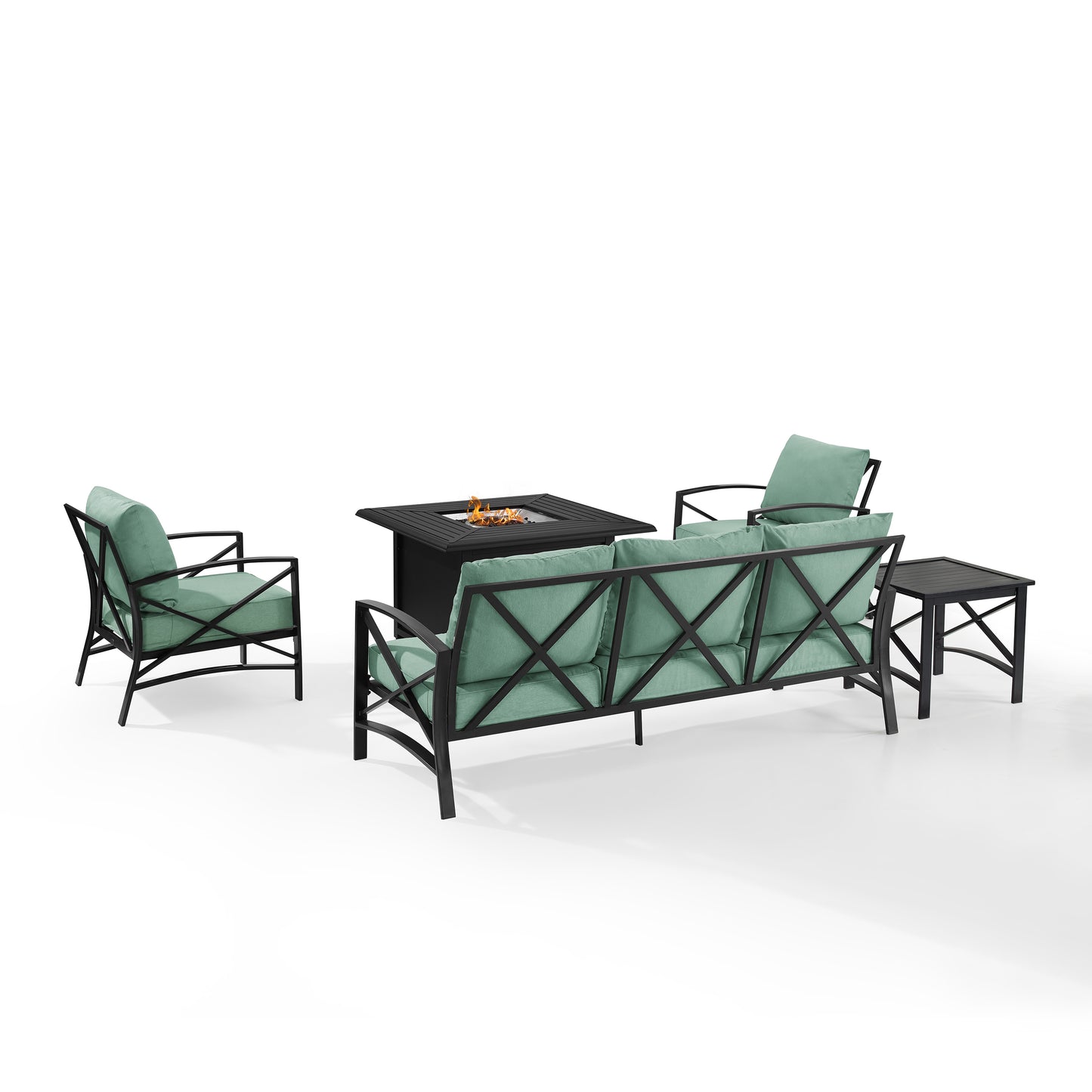 Kaplan 5Pc Outdoor Metal Sofa Set W/Fire Table Mist/Oil Rubbed Bronze - Sofa, Dante Fire Table, Side Table, & 2 Arm Chairs