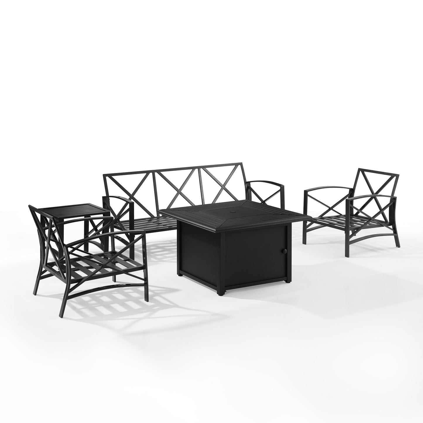 Kaplan 5Pc Outdoor Metal Sofa Set W/Fire Table Mist/Oil Rubbed Bronze - Sofa, Dante Fire Table, Side Table, & 2 Arm Chairs