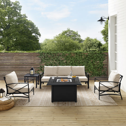 Kaplan 5Pc Outdoor Metal Sofa Set W/Fire Table Oatmeal/Oil Rubbed Bronze - Sofa, Dante Fire Table, Side Table, & 2 Arm Chairs