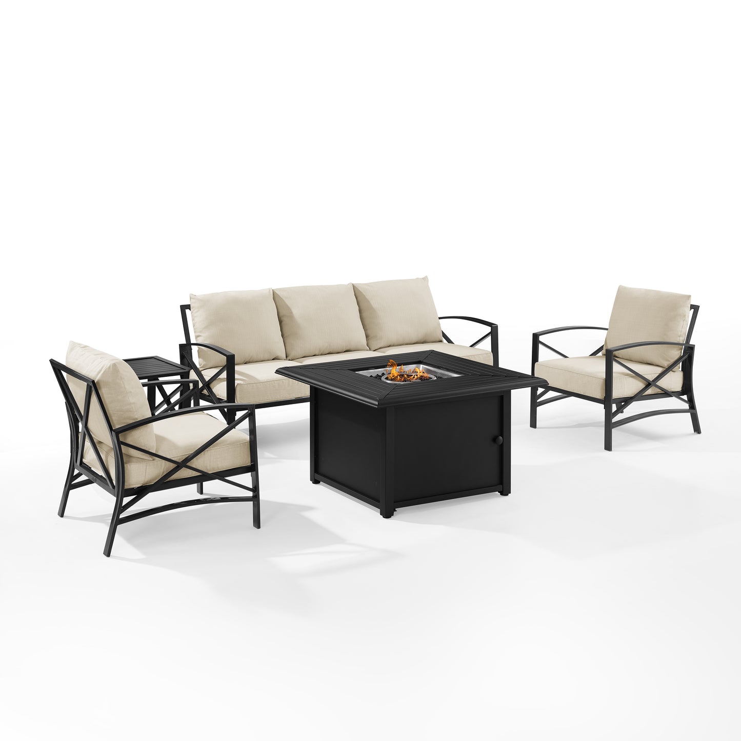 Kaplan 5Pc Outdoor Metal Sofa Set W/Fire Table Oatmeal/Oil Rubbed Bronze - Sofa, Dante Fire Table, Side Table, & 2 Arm Chairs