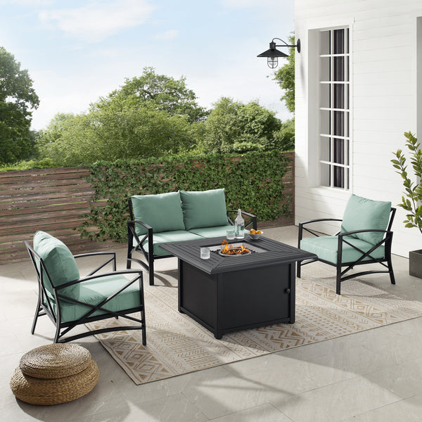 Kaplan 4Pc Outdoor Metal Conversation Set W/Fire Table Mist/Oil Rubbed Bronze - Loveseat, Dante Fire Table, & 2 Arm Chairs