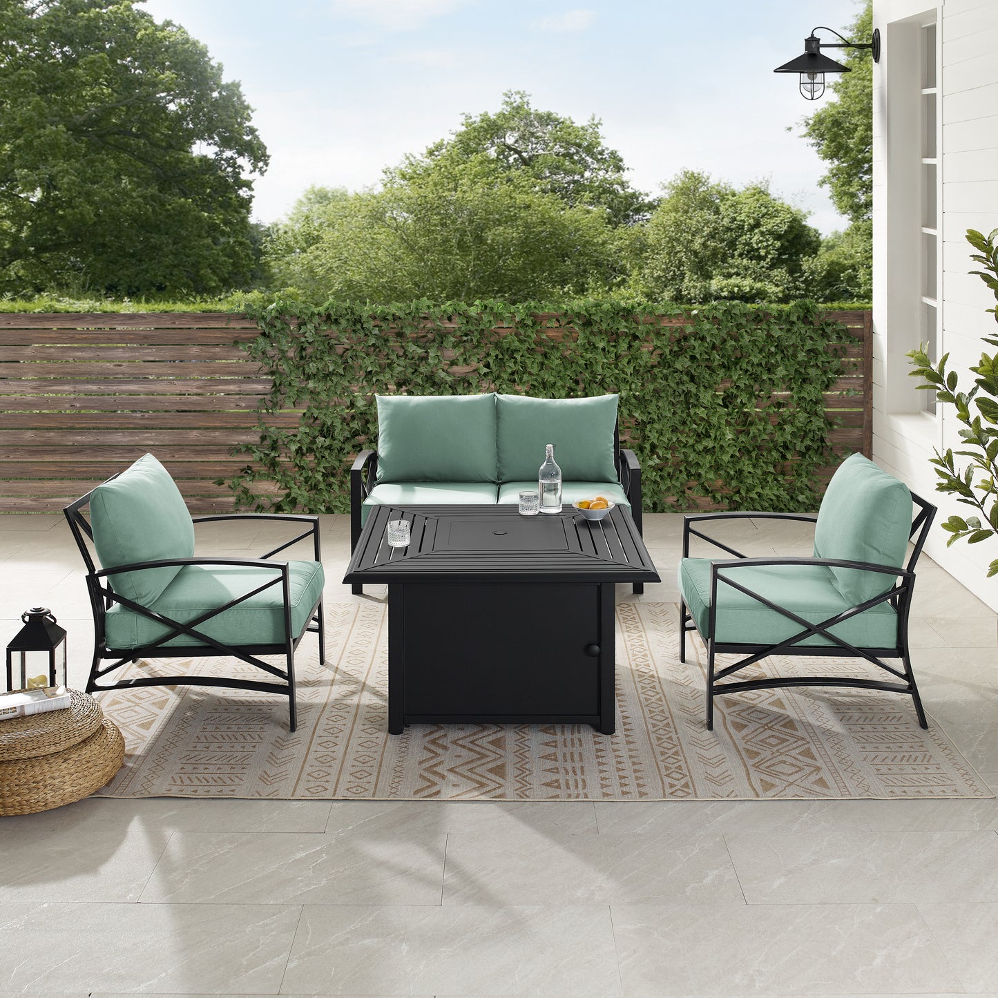 Kaplan 4Pc Outdoor Metal Conversation Set W/Fire Table Mist/Oil Rubbed Bronze - Loveseat, Dante Fire Table, & 2 Arm Chairs