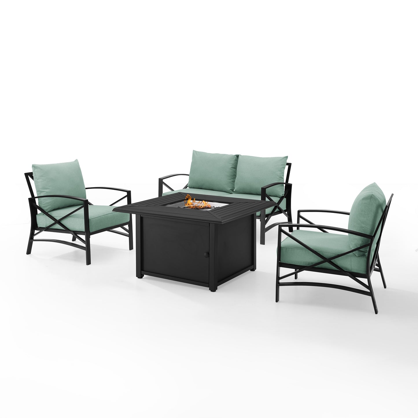 Kaplan 4Pc Outdoor Metal Conversation Set W/Fire Table Mist/Oil Rubbed Bronze - Loveseat, Dante Fire Table, & 2 Arm Chairs