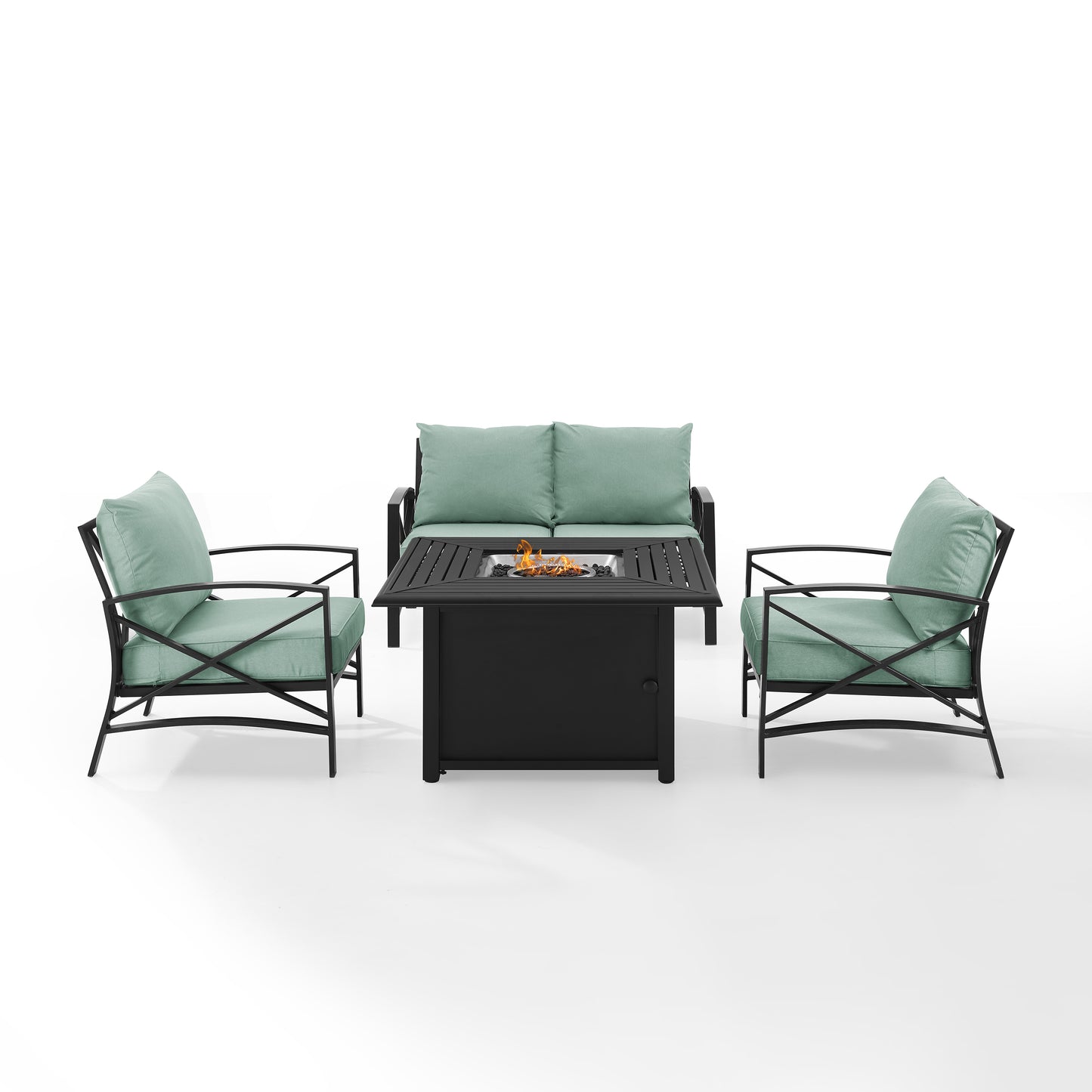 Kaplan 4Pc Outdoor Metal Conversation Set W/Fire Table Mist/Oil Rubbed Bronze - Loveseat, Dante Fire Table, & 2 Arm Chairs