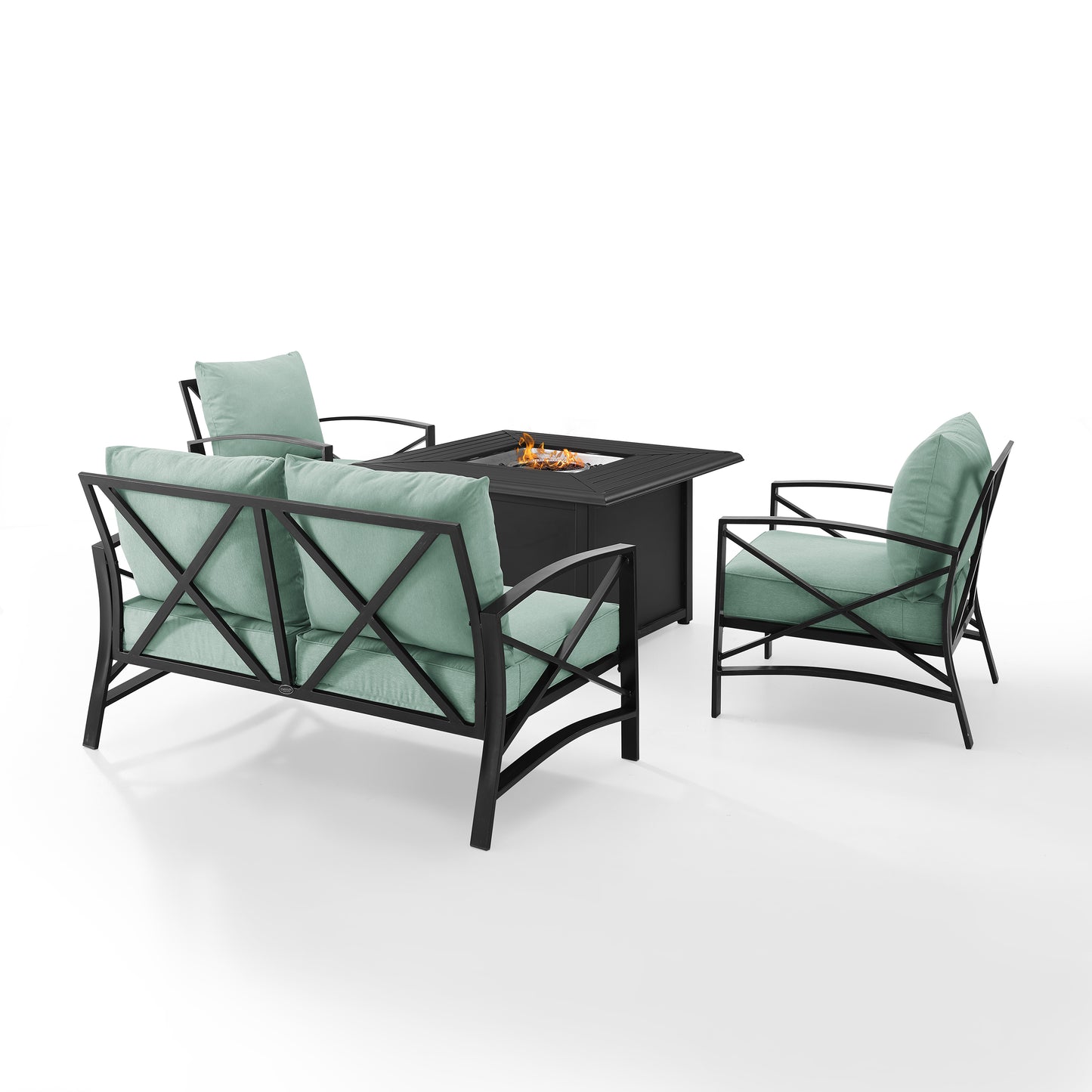 Kaplan 4Pc Outdoor Metal Conversation Set W/Fire Table Mist/Oil Rubbed Bronze - Loveseat, Dante Fire Table, & 2 Arm Chairs