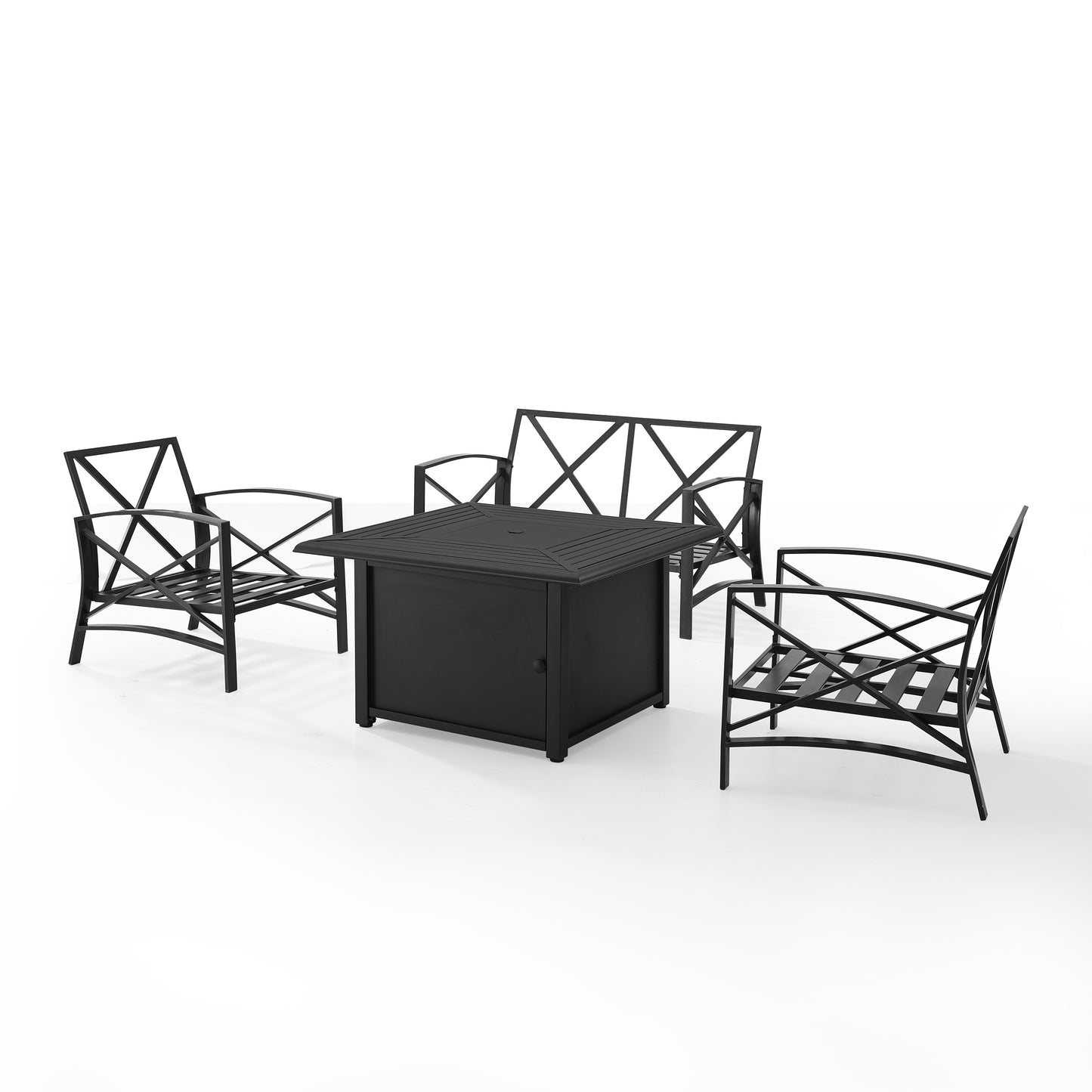 Kaplan 4Pc Outdoor Metal Conversation Set W/Fire Table Mist/Oil Rubbed Bronze - Loveseat, Dante Fire Table, & 2 Arm Chairs