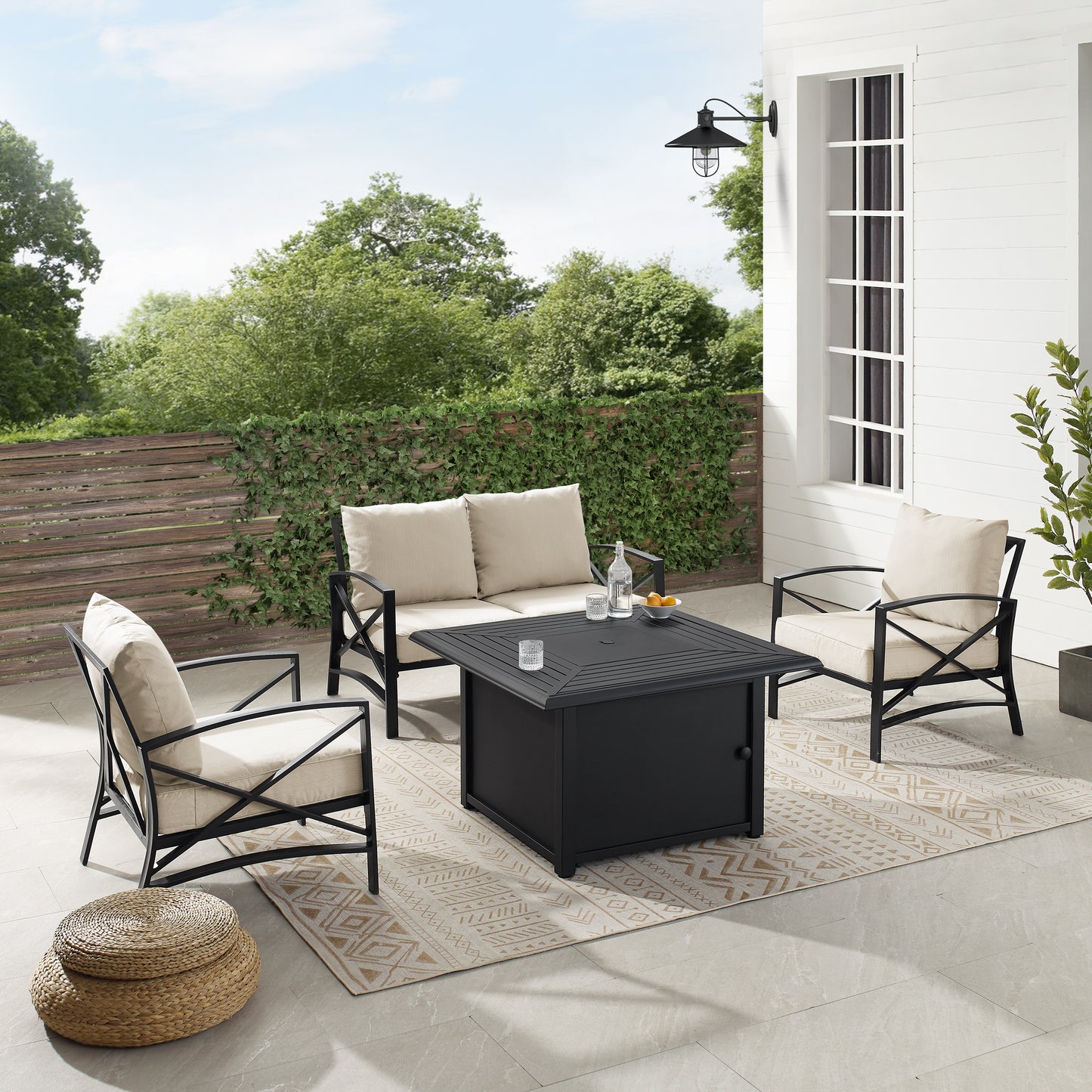 Kaplan 4Pc Outdoor Metal Conversation Set W/Fire Table Oatmeal/Oil Rubbed Bronze - Loveseat, Dante Fire Table, & 2 Arm Chairs