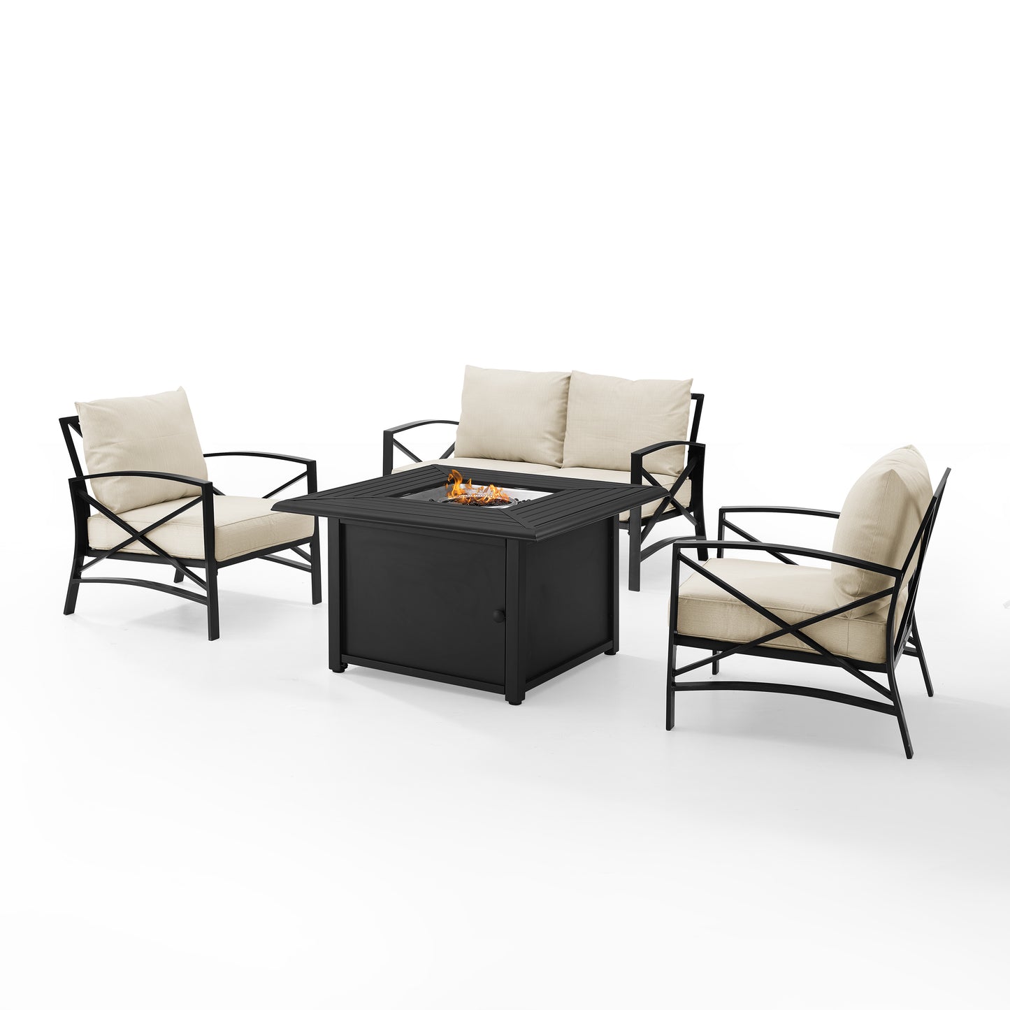 Kaplan 4Pc Outdoor Metal Conversation Set W/Fire Table Oatmeal/Oil Rubbed Bronze - Loveseat, Dante Fire Table, & 2 Arm Chairs